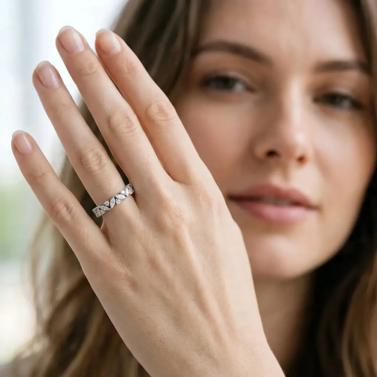 Marquise and Round Diamond Vine Eternity Band with Prong Setting Platinum