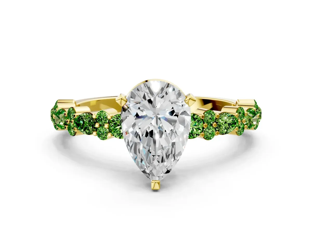 Pear Cut Diamond Side Stone Solitaire Ring with Round Peridot and Four-Prong Setting Yellow gold