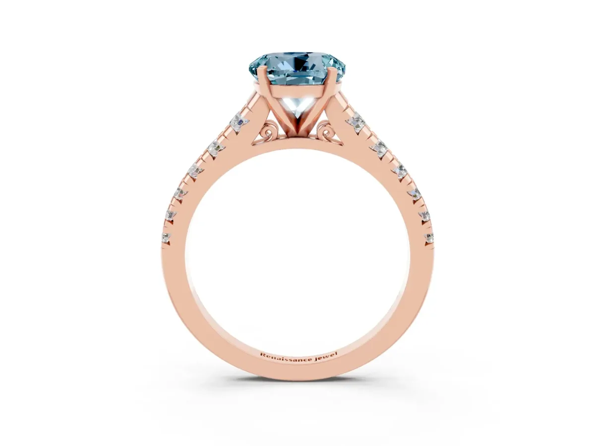 Round Cut Aquamarine Cathedral Solitaire Ring with Round Pavé Band Rose gold