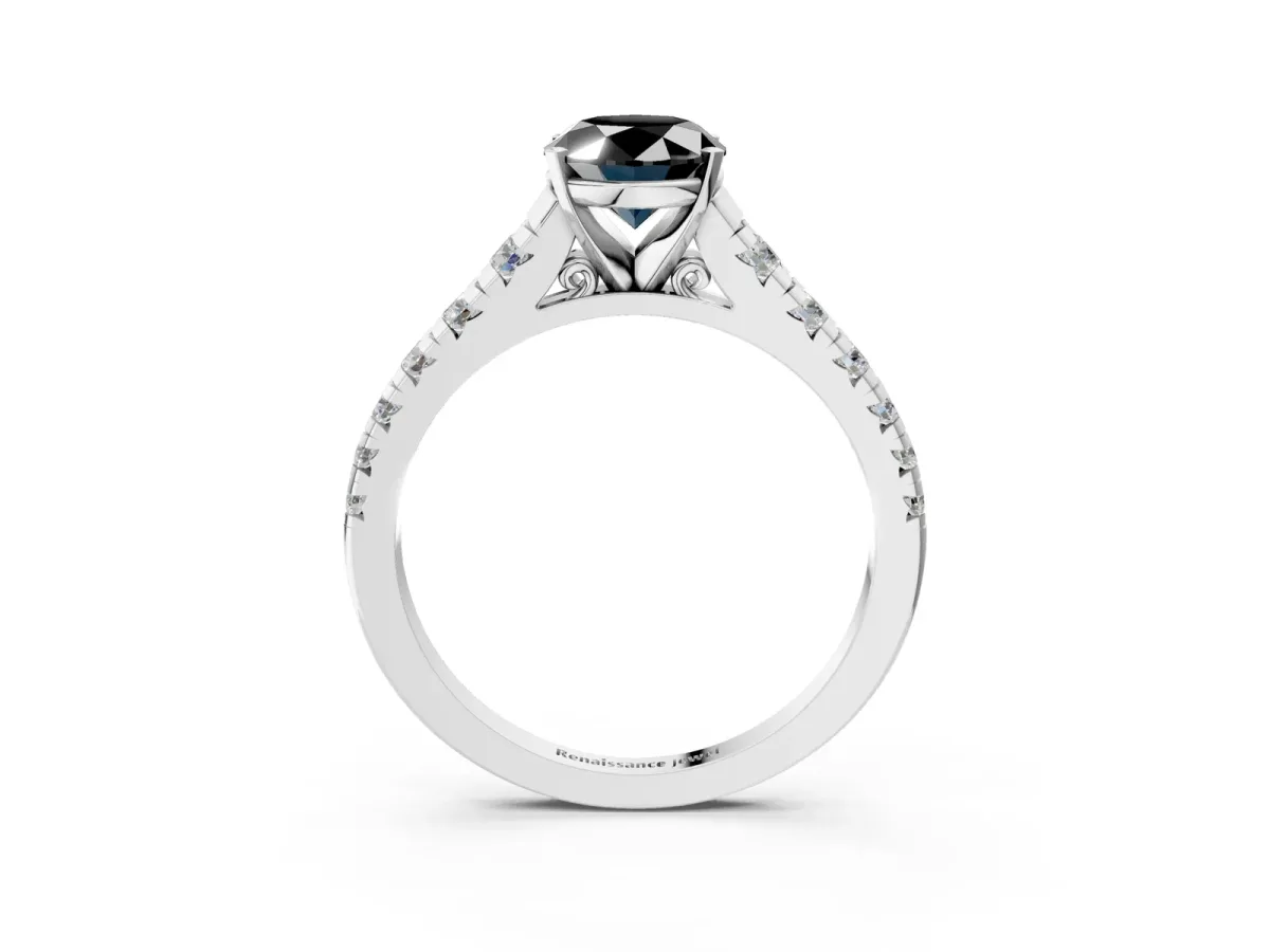 Fancy Black Oval Cut Diamond Cathedral Solitaire Ring with Round Pavé Band Platinum