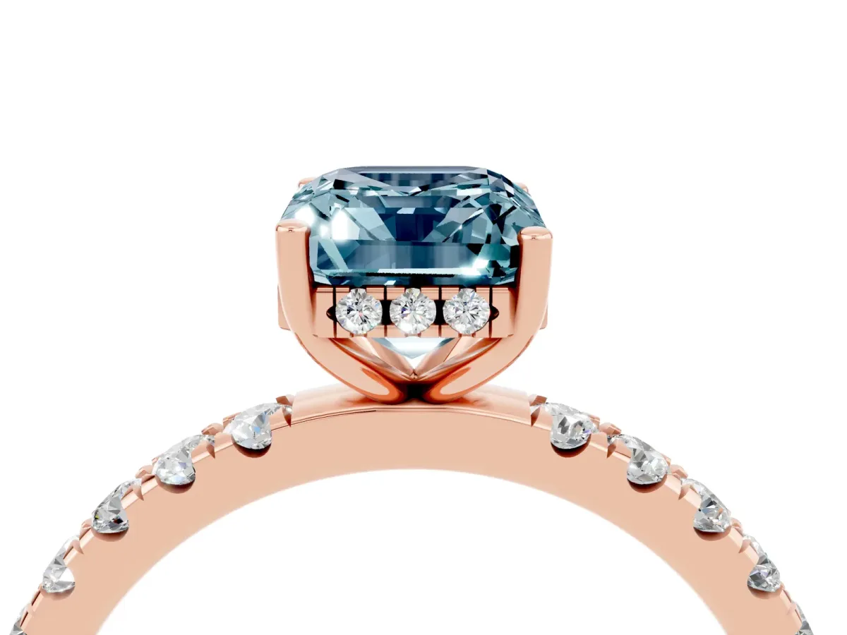 Emerald Cut Aquamarine Pave Band Solitaire Ring with Round and Prong Setting Rose gold