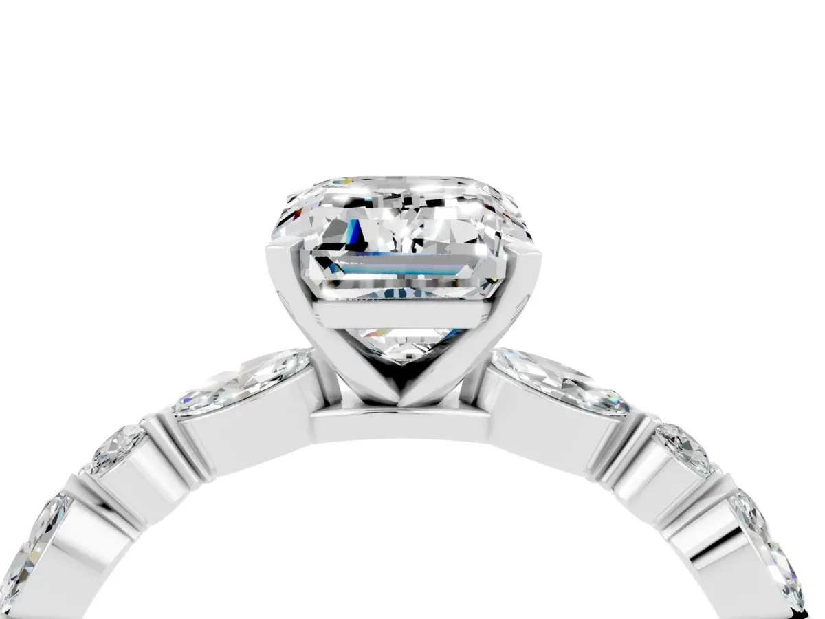 Emerald Cut Moissanite Ring with Marquise and Round Side Stones and Four-Prong Setting Silver