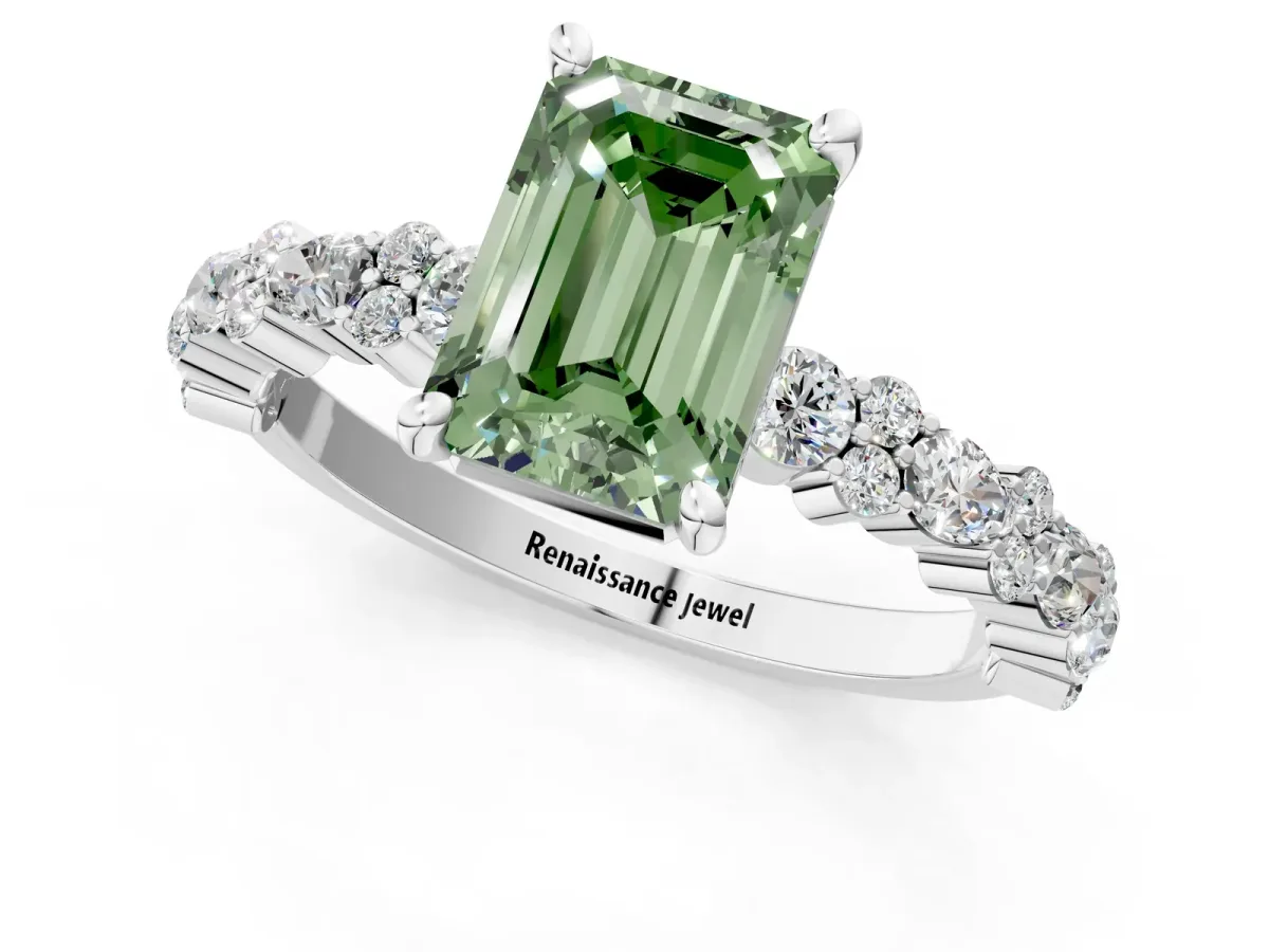 Fancy Green Emerald Cut Diamond Side Stone Solitaire Ring with Round and Four-Prong Setting Platinum