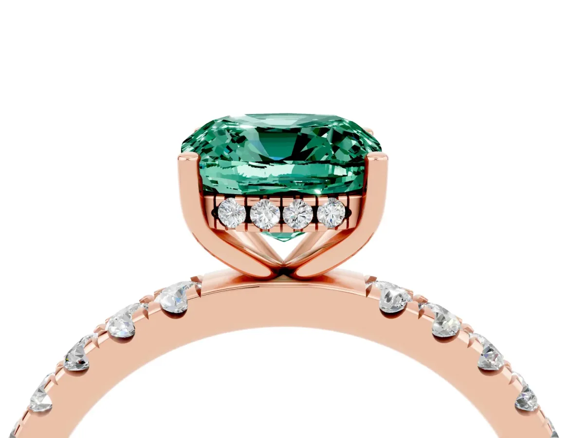 Cushion Cut Green Sapphire Pave Band Solitaire Ring with Round and Prong Setting Rose gold