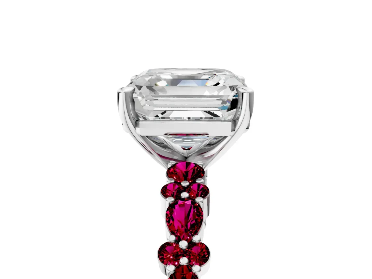 Asscher Cut Diamond Side Stone Solitaire Ring with Round Garnet and Four-Prong Setting Silver