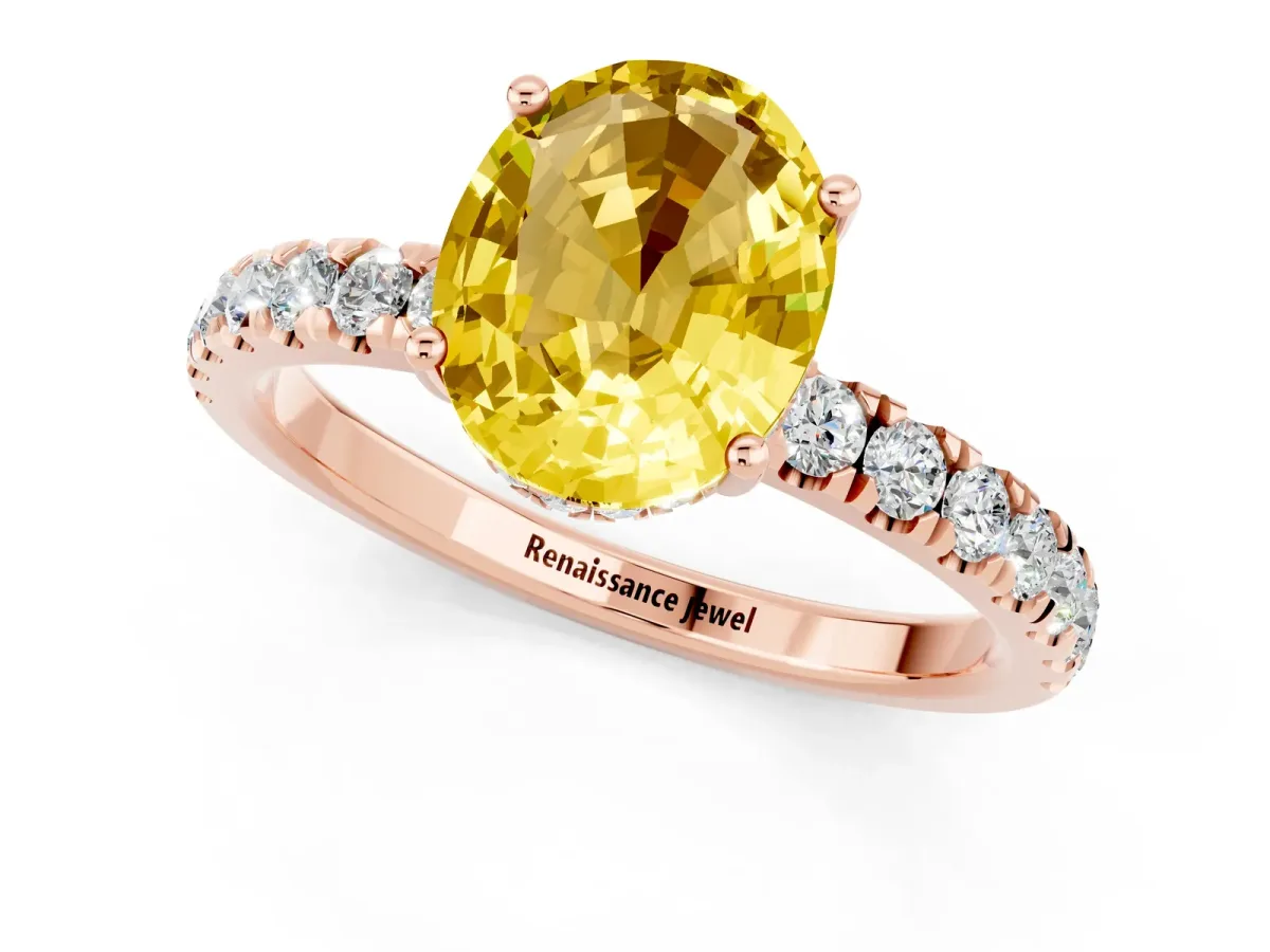 Oval Cut Yellow Sapphire Pave Band Solitaire Ring with Round and Prong Setting Rose gold