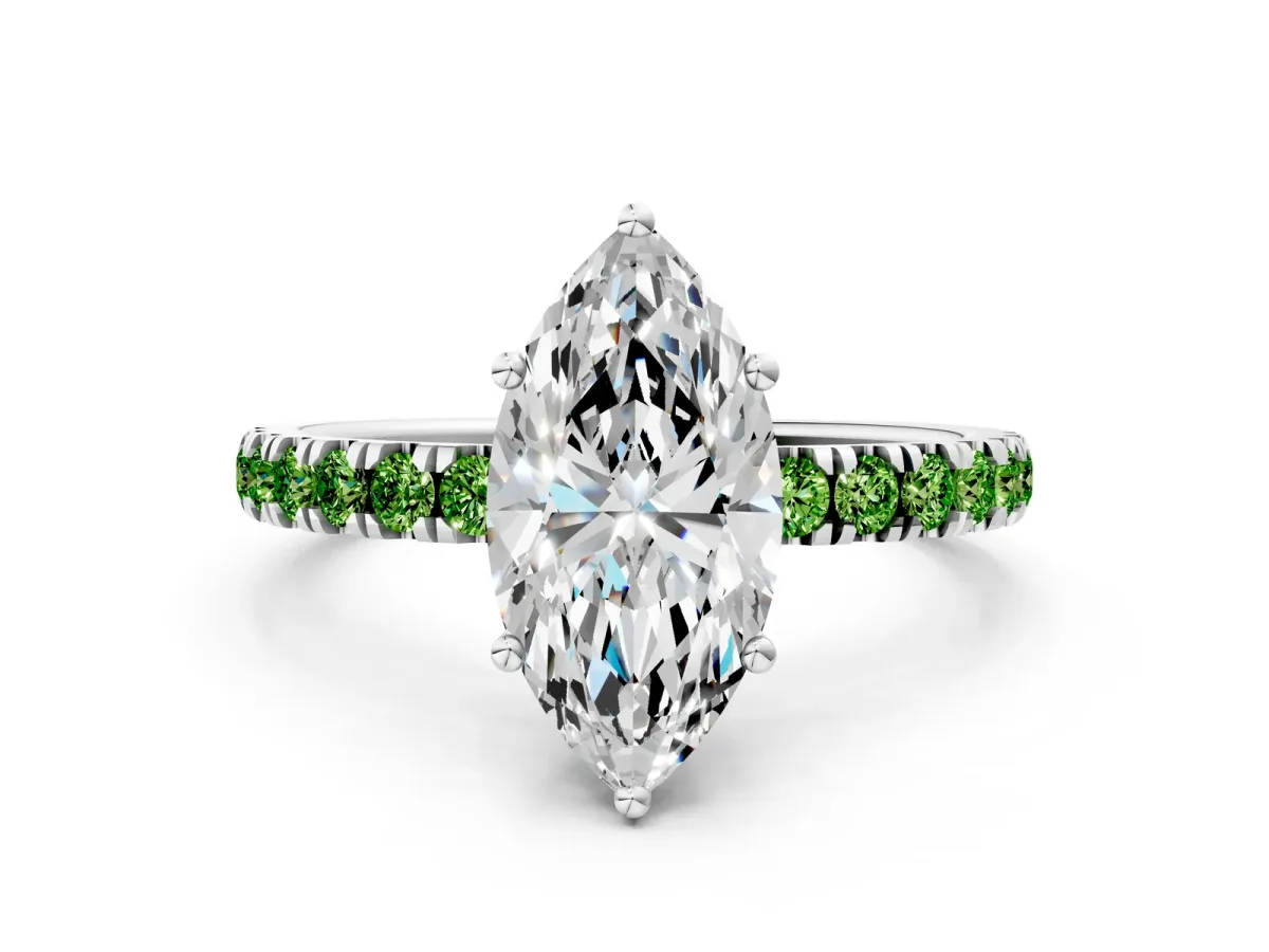 Marquise Cut Diamond Pave Band Solitaire Ring with Round Peridot and Prong Setting Platinum