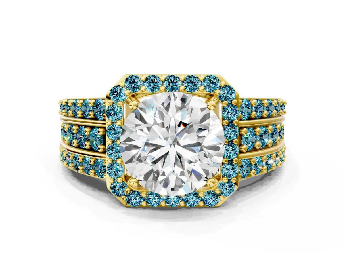 Round Cut Halo Diamond Ring with Round Blue Topaz Split Shank and Prong Setting Yellow gold