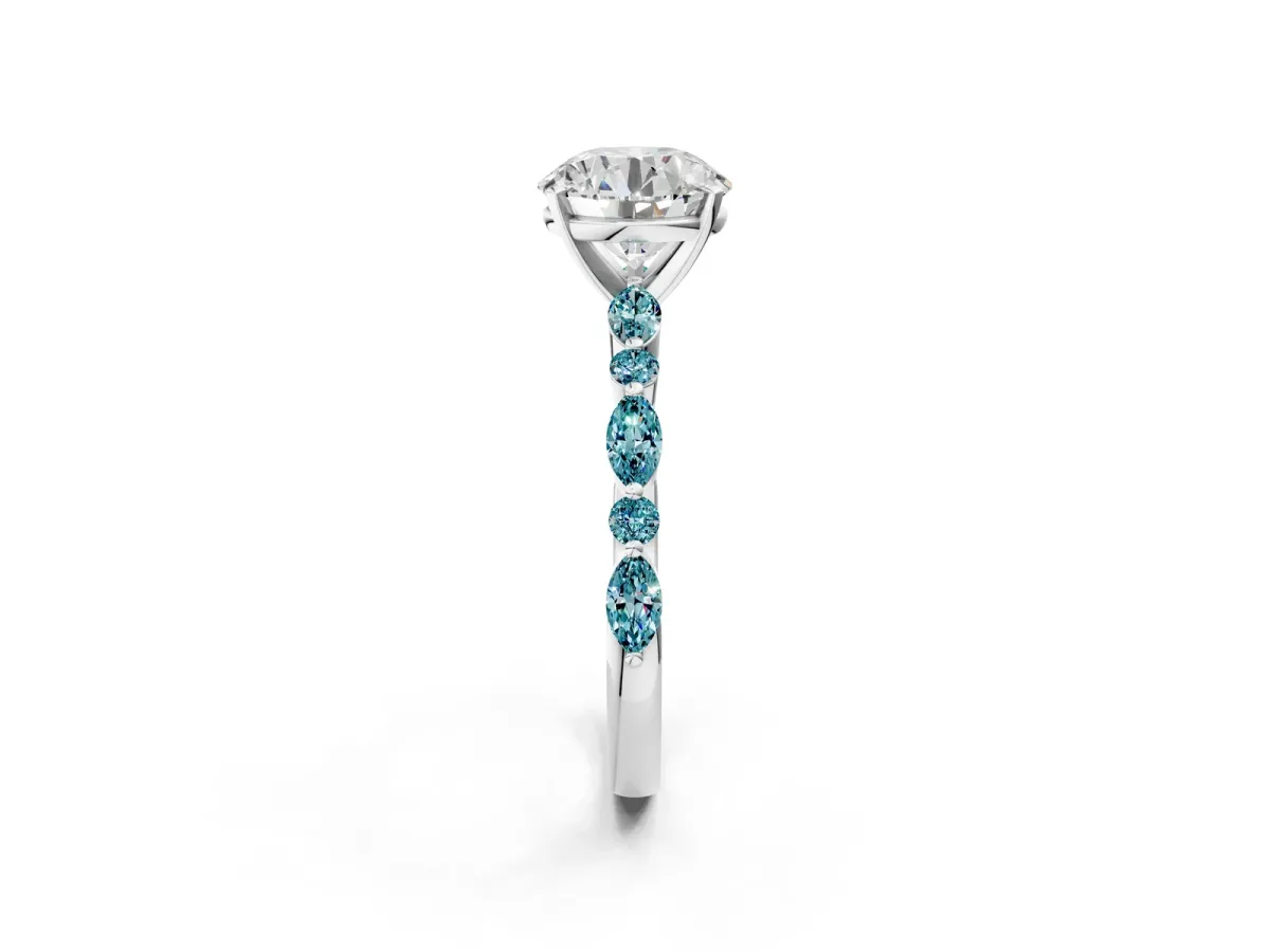 Round Cut Diamond Ring with Marquise and Round Blue Topaz Side Stones and Four-Prong Setting Silver