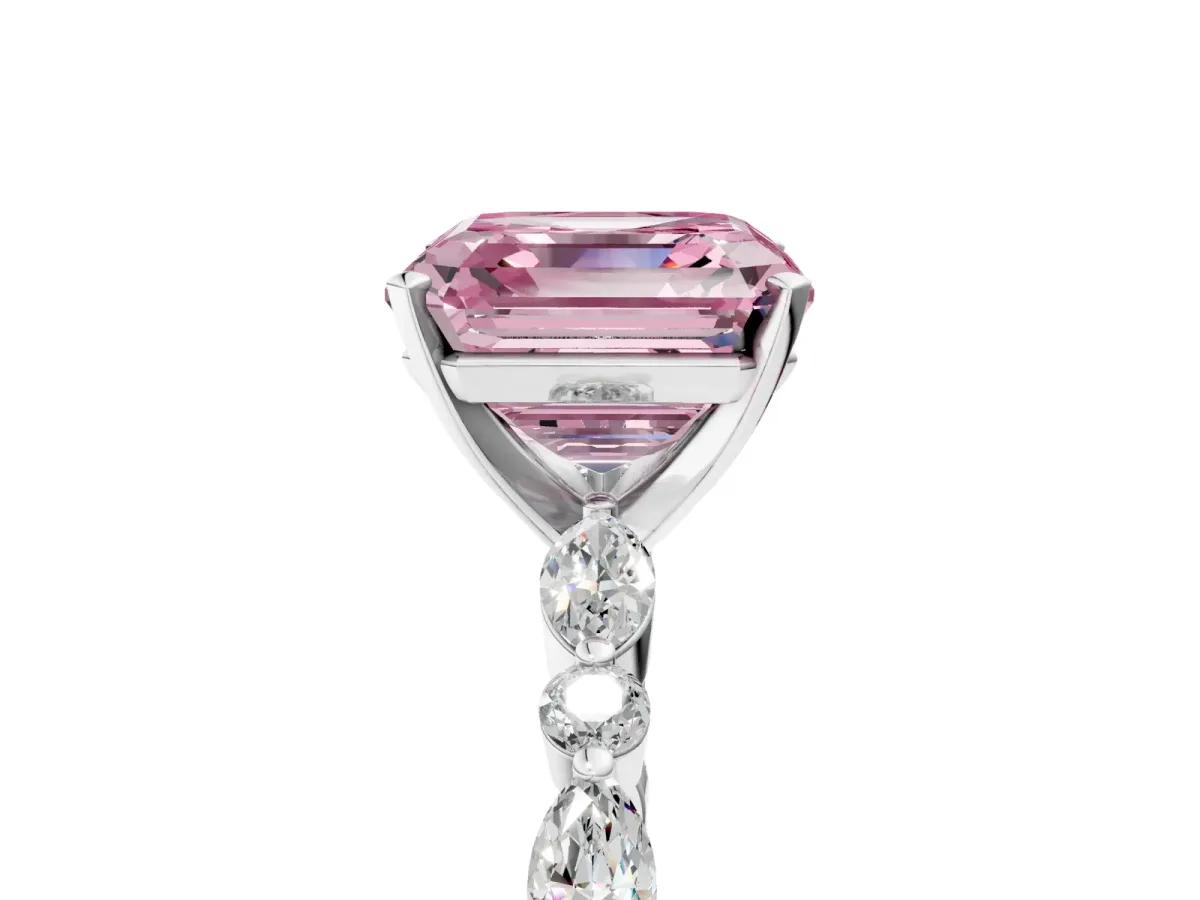Fancy Pink Asscher Cut Diamond Ring with Marquise and Round Side Stones and Four-Prong Setting Platinum