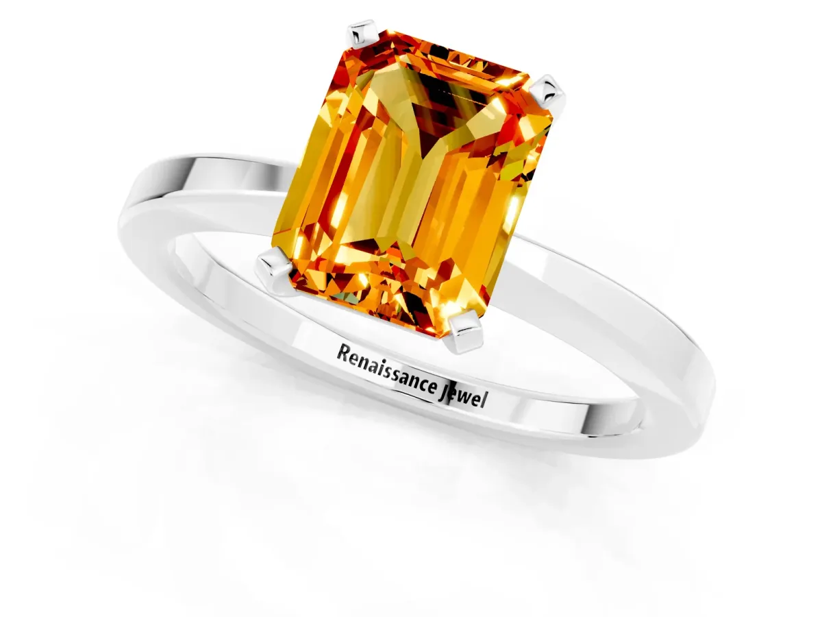 Emerald Cut Citrine Solitaire Engagement Ring with Classic Band and Four-Prong Setting Platinum