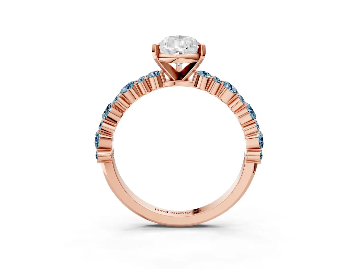 Pear Cut Diamond Side Stone Solitaire Ring with Round Aquamarine and Four-Prong Setting Rose gold