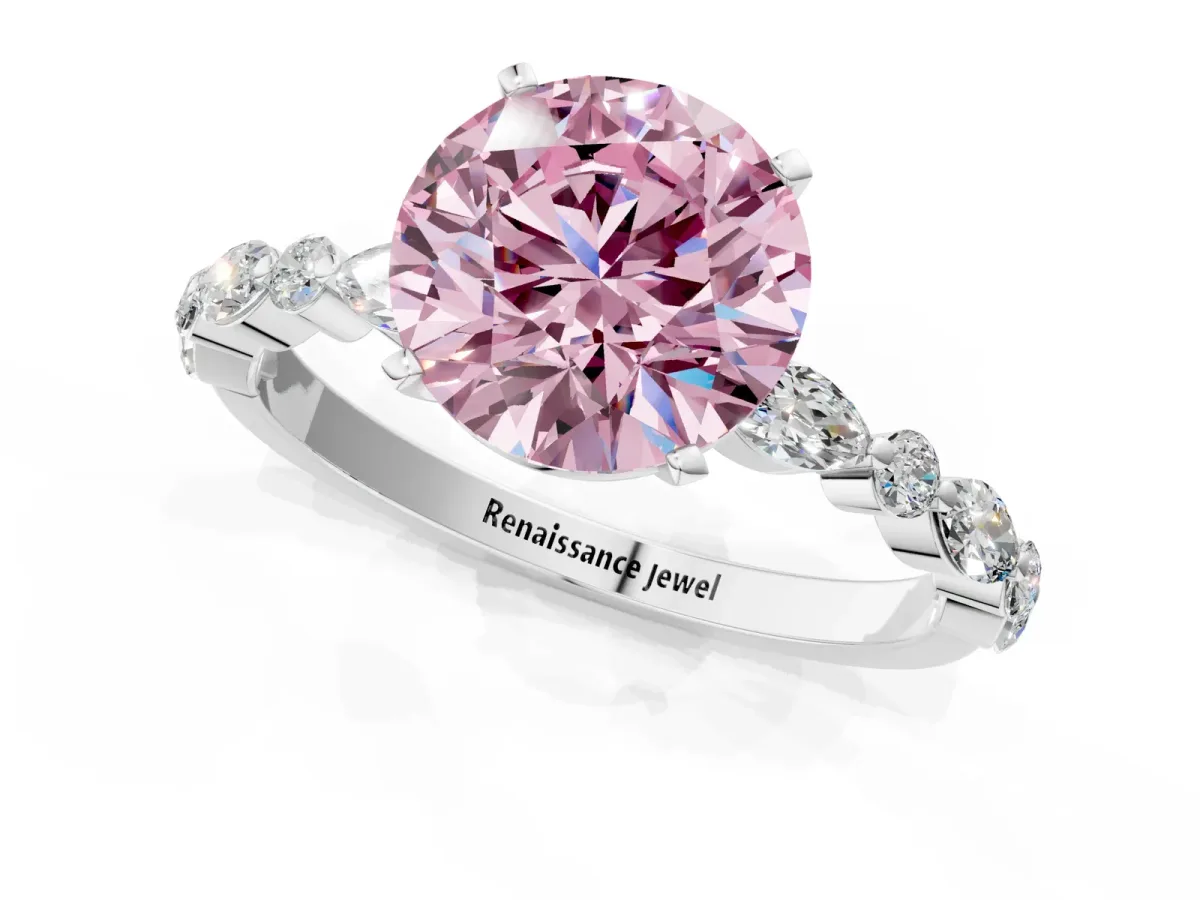 Fancy Pink Round Cut Diamond Ring with Marquise and Round Side Stones and Four-Prong Setting Platinum