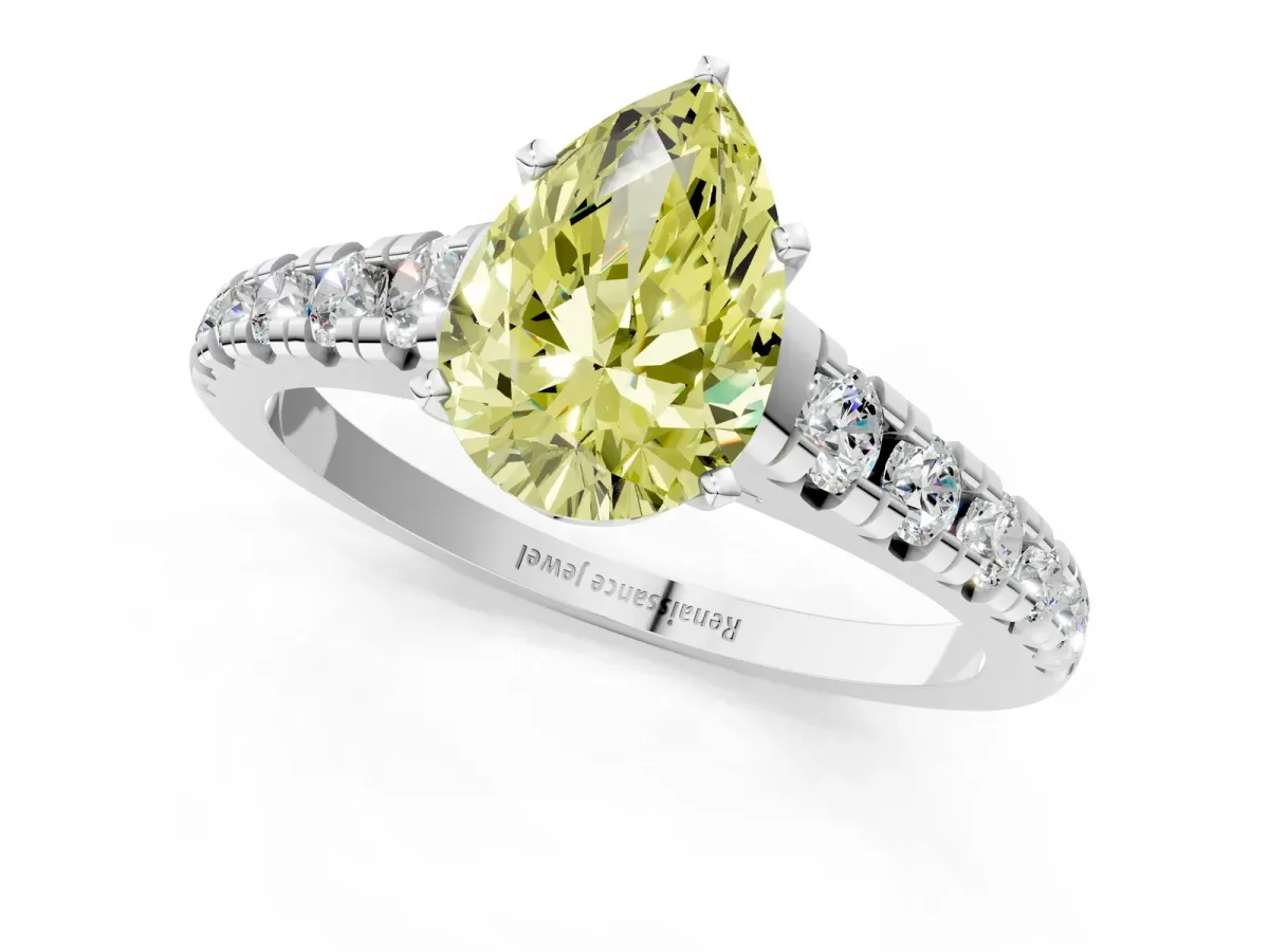 Fancy Yellow Pear Cut Diamond Cathedral Solitaire Ring with Round Pavé Band White gold