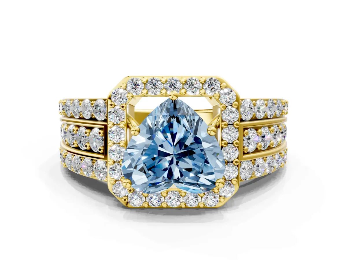 Fancy Blue Heart Cut Halo Diamond Ring with Round Split Shank and Prong Setting Yellow gold