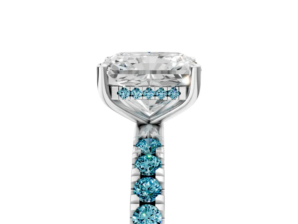 Radiant Cut Diamond Pave Band Solitaire Ring with Round Blue Topaz and Prong Setting Platinum