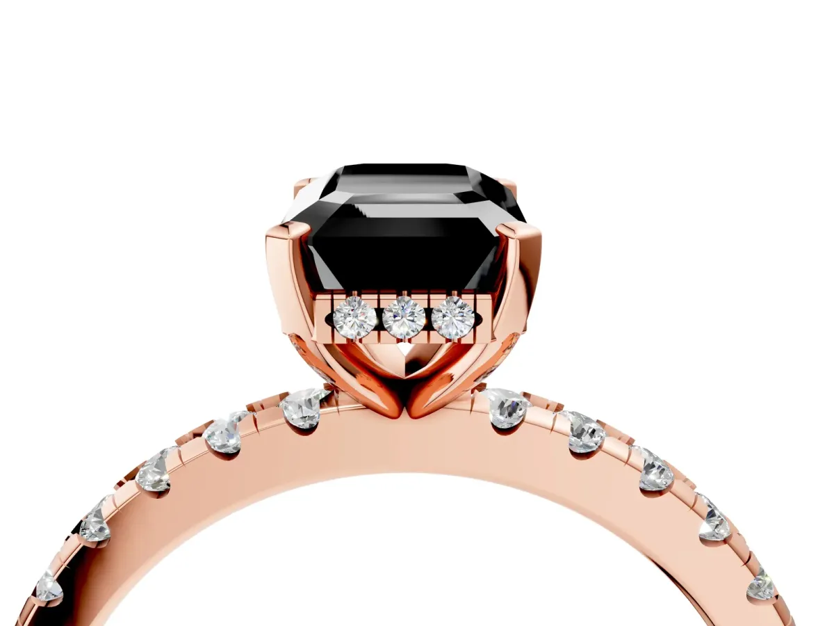 Fancy Black Emerald Cut Diamond Solitaire Ring with Round Pavé Band and Four-Prong Setting Rose gold