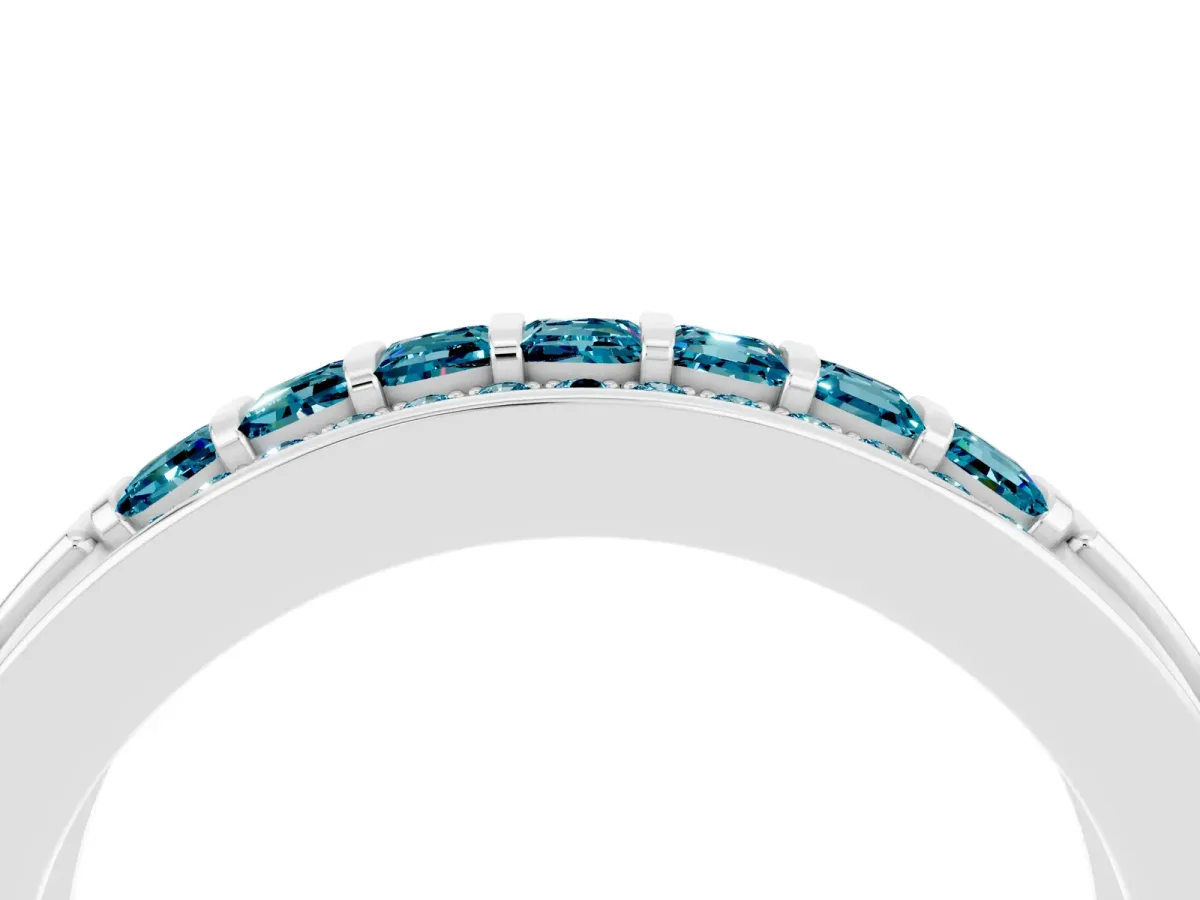 Bar-Set Princess Cut Blue Topaz Pavé Band Silver