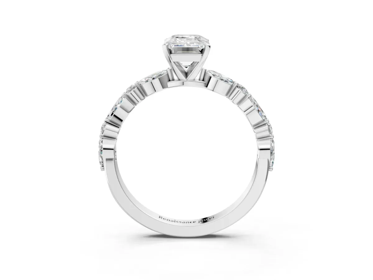 Emerald Cut Diamond Ring with Marquise and Round Moissanite Side Stones and Four-Prong Setting Silver
