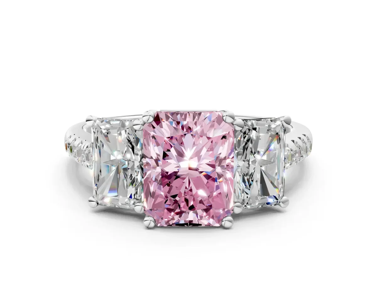 Fancy Pink Three-Stone Radiant Cut Diamond Ring with Round Pavé Band and Prong Setting Platinum