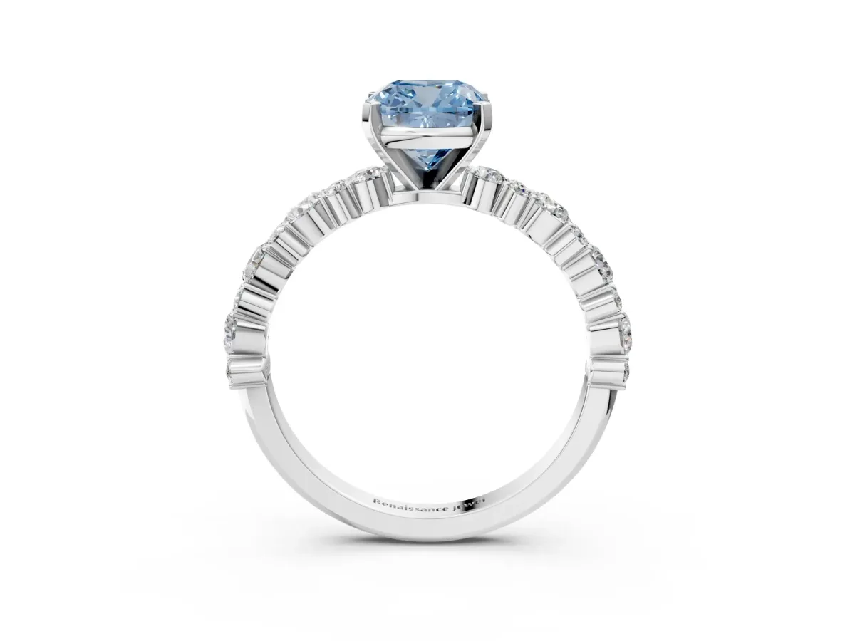 Fancy Blue Cushion Cut Diamond Side Stone Solitaire Ring with Round and Four-Prong Setting Platinum