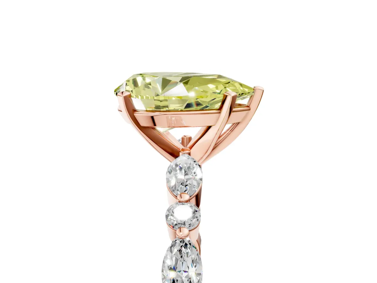 Fancy Yellow Pear Cut Diamond Ring with Marquise and Round Side Stones and Four-Prong Setting Rose gold