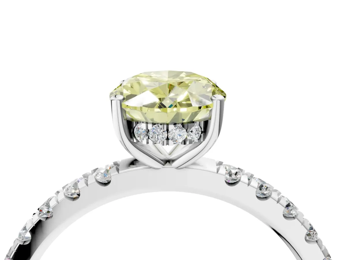 Fancy Yellow Oval Cut Diamond Pave Band Solitaire Ring with Round and Prong Setting Silver