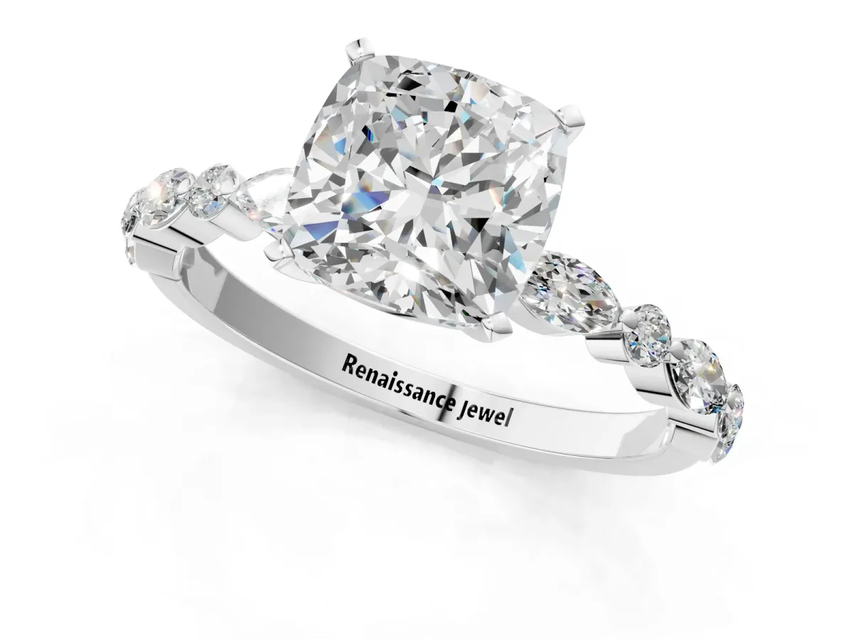 Cushion Cut Diamond Ring with Marquise and Round Side Stones and Four-Prong Setting Silver