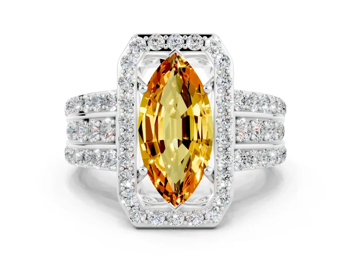 Marquise Cut Halo Citrine Ring with Round Split Shank and Prong Setting Platinum