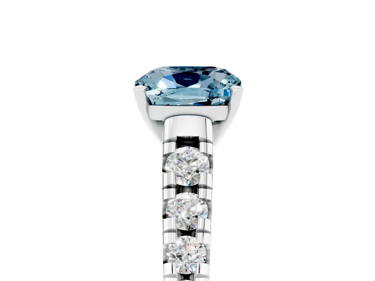 Cushion Cut Aquamarine Cathedral Solitaire Ring with Round Pavé Band Silver