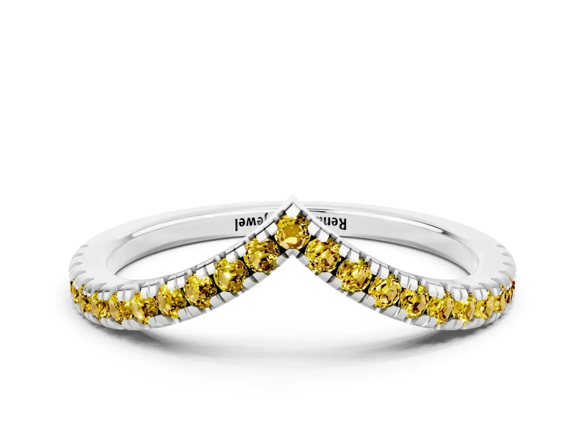 Pavé Round Yellow Sapphire V-Shaped Chevron Band with Shared Prong Setting White gold