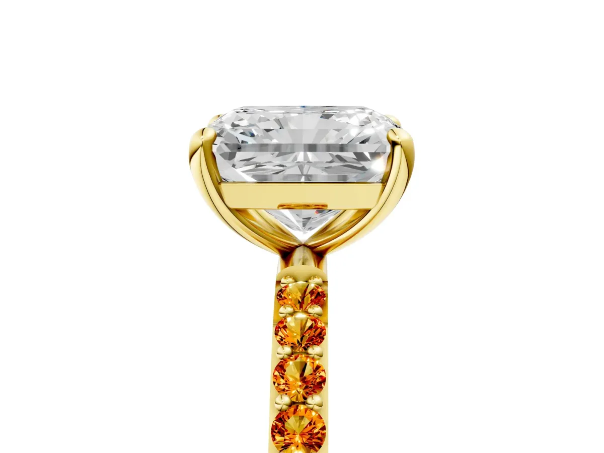 Radiant Cut Diamond Solitaire Ring with Round Citrine Pavé Band and Prong Setting Yellow gold