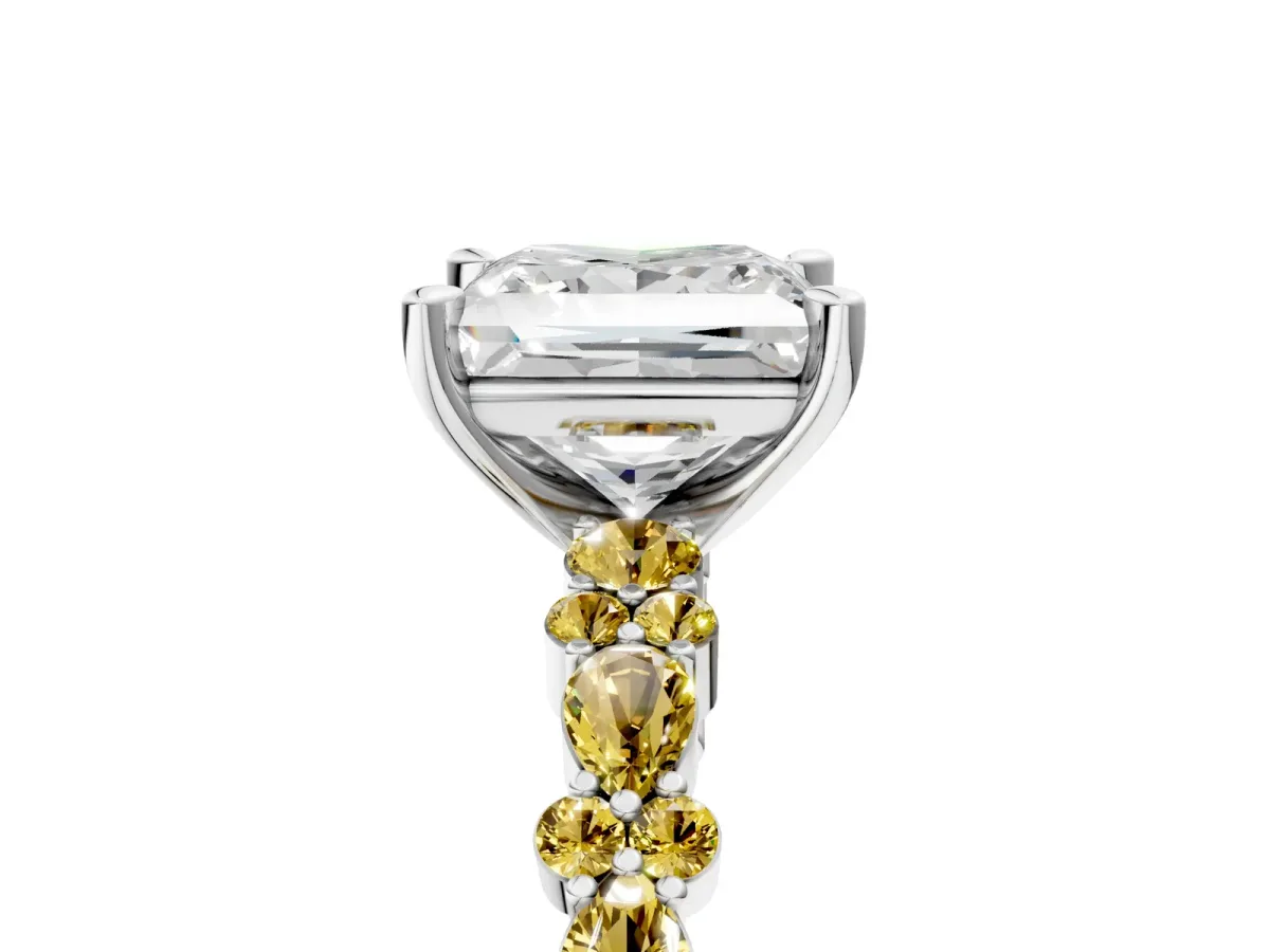 Princess Cut Diamond Side Stone Solitaire Ring with Round Yellow Sapphire and Four-Prong Setting Platinum