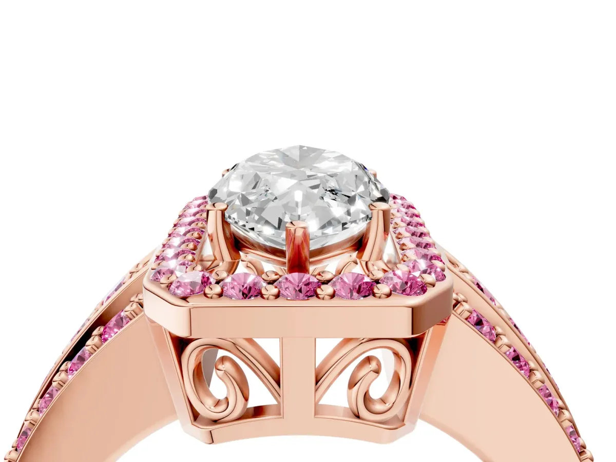 Marquise Cut Halo Diamond Ring with Round Pink Sapphire Split Shank and Prong Setting Rose gold