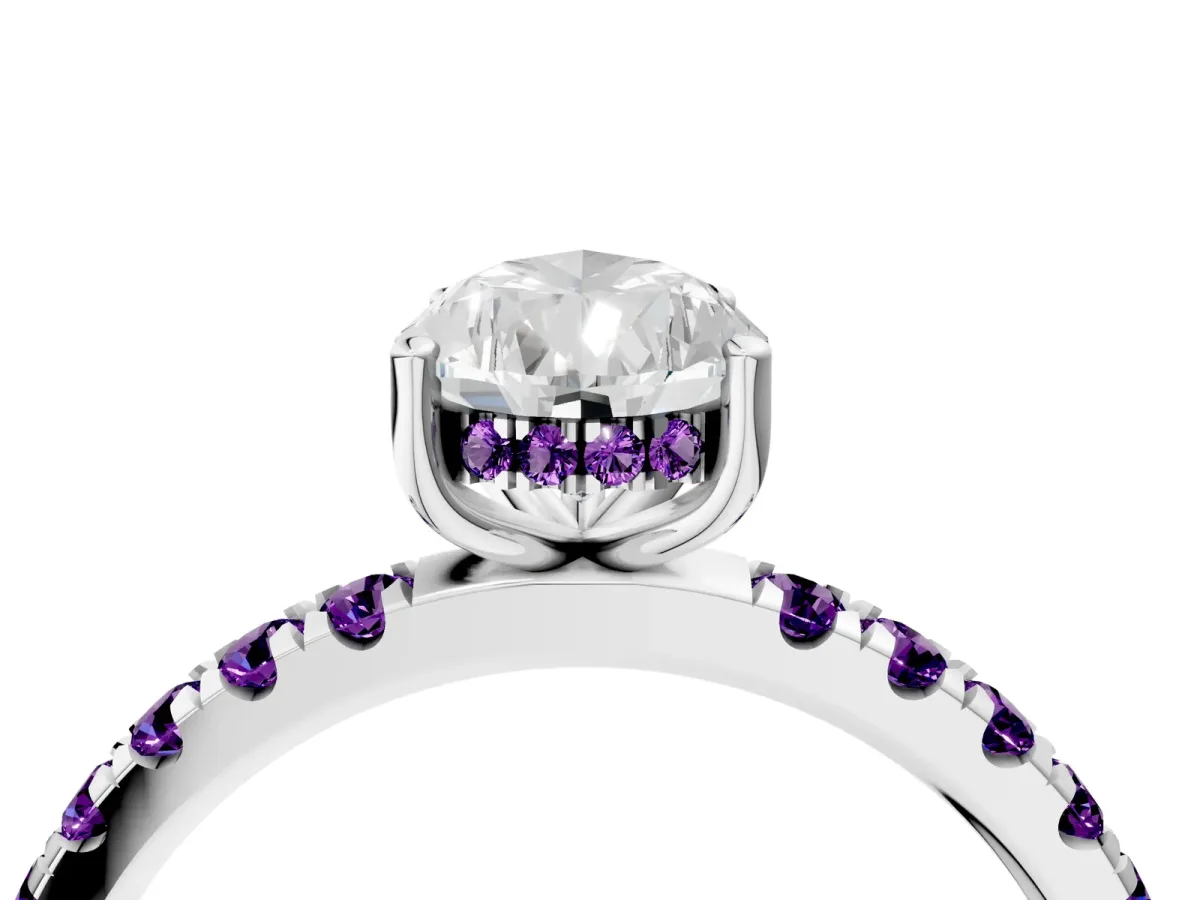 Pear Cut Diamond Pave Band Solitaire Ring with Round Amethyst and Prong Setting Platinum