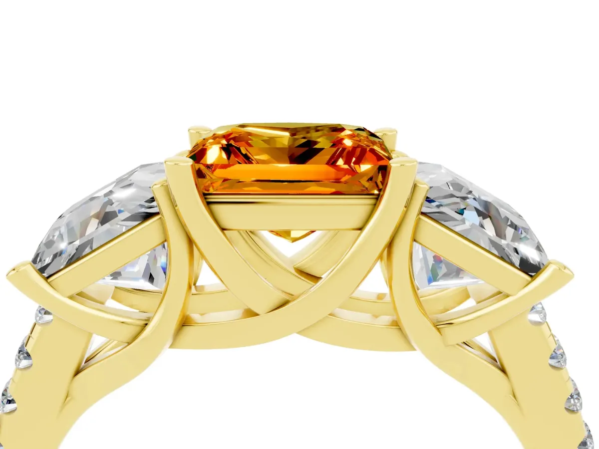 Three-Stone Princess Cut Citrine Ring with Round Pavé Band and Prong Setting Yellow gold