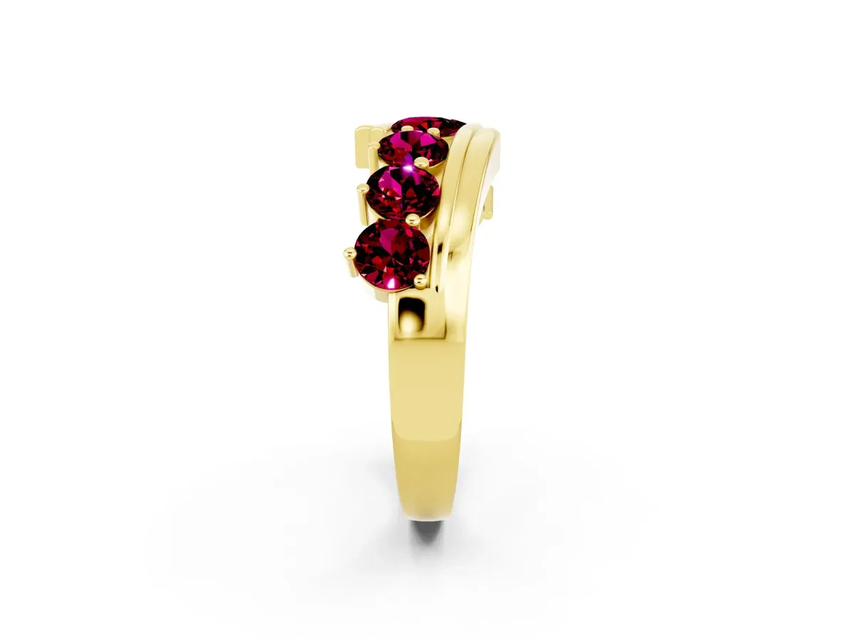 Round Garnet Wave Band with Channel and Shared Prong Setting Yellow gold