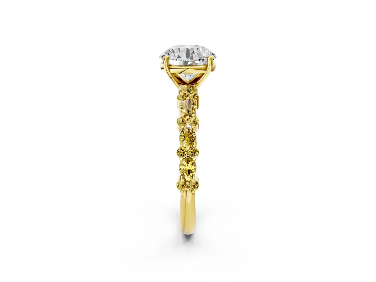 Round Cut Diamond Side Stone Solitaire Ring with Round Yellow Sapphire and Four-Prong Setting Yellow gold