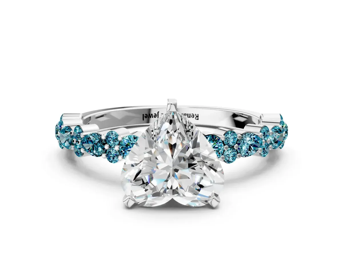 Heart Cut Diamond Side Stone Solitaire Ring with Round Blue Topaz and Four-Prong Setting Platinum