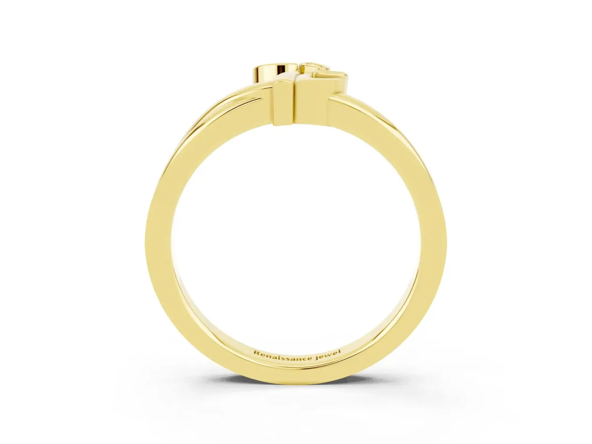 Three-Stone Round Emerald Leaf Bypass Ring with Bezel Setting Yellow gold