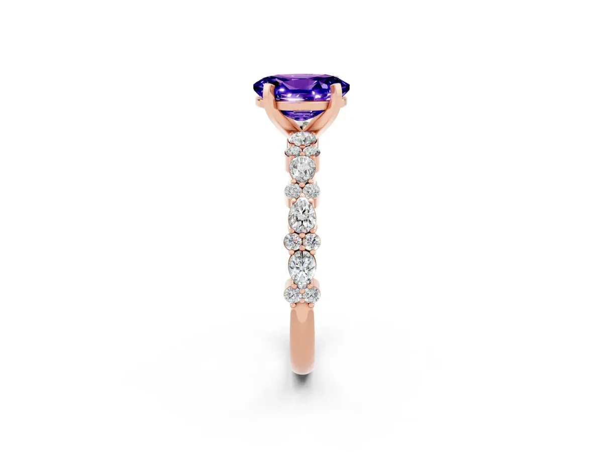 Oval Cut Tanzanite Side Stone Solitaire Ring with Round and Four-Prong Setting Rose gold