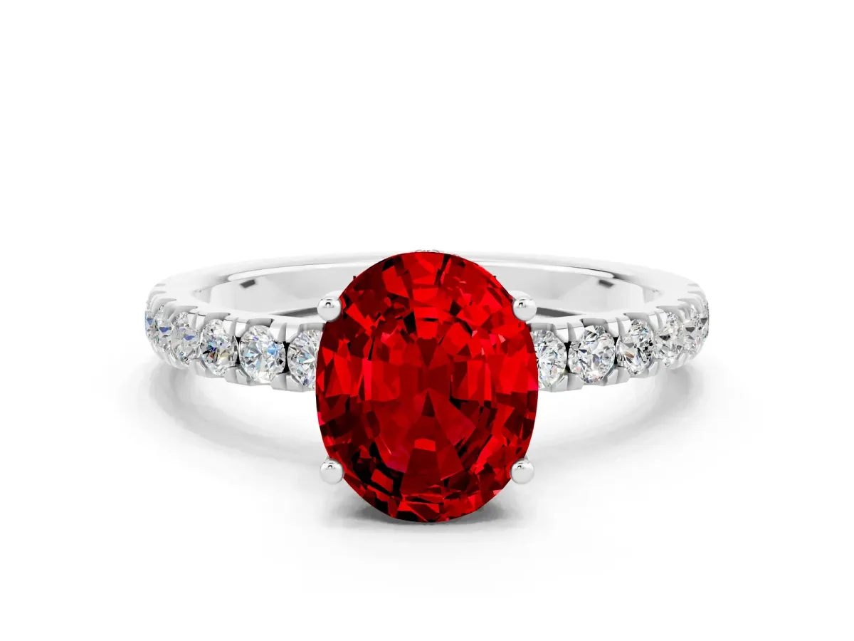 Oval Cut Ruby Pave Band Solitaire Ring with Round and Prong Setting Platinum