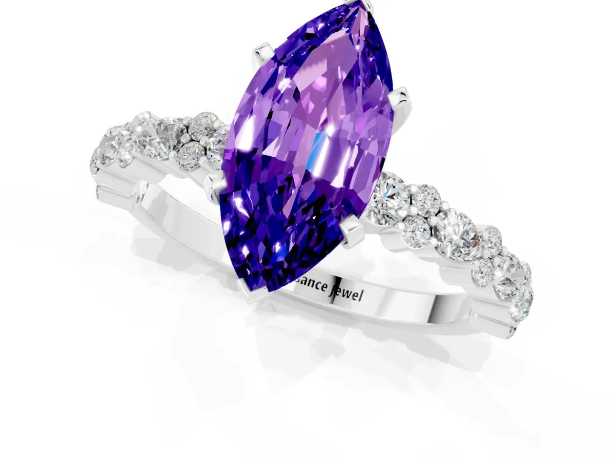Marquise Cut Tanzanite Side Stone Solitaire Ring with Round and Four-Prong Setting White gold