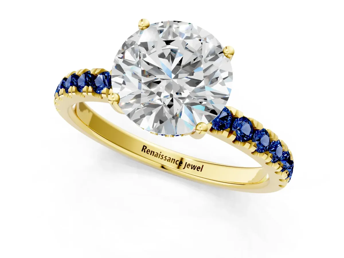 Round Cut Diamond Pave Band Solitaire Ring with Round Blue Sapphire and Prong Setting Yellow gold