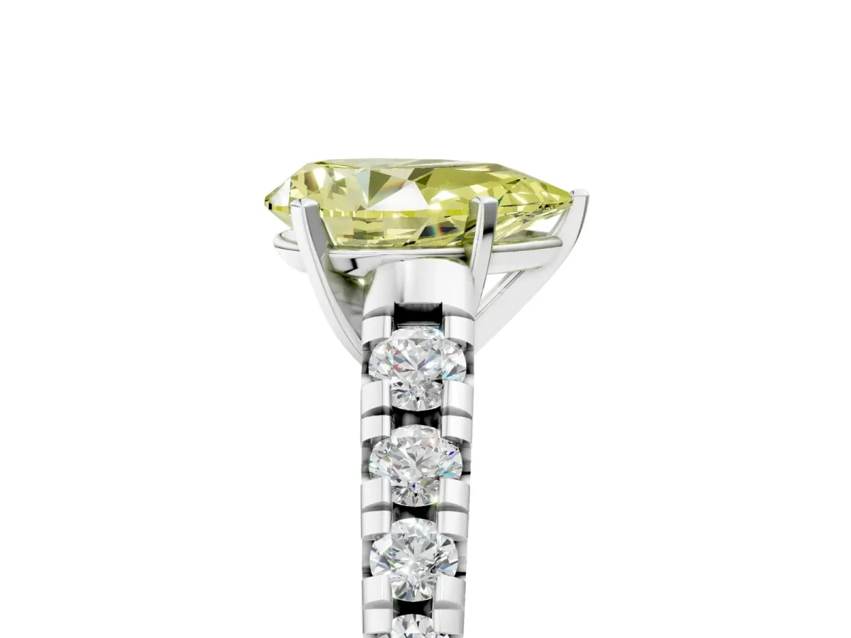 Fancy Yellow Pear Cut Diamond Cathedral Solitaire Ring with Round Pavé Band White gold