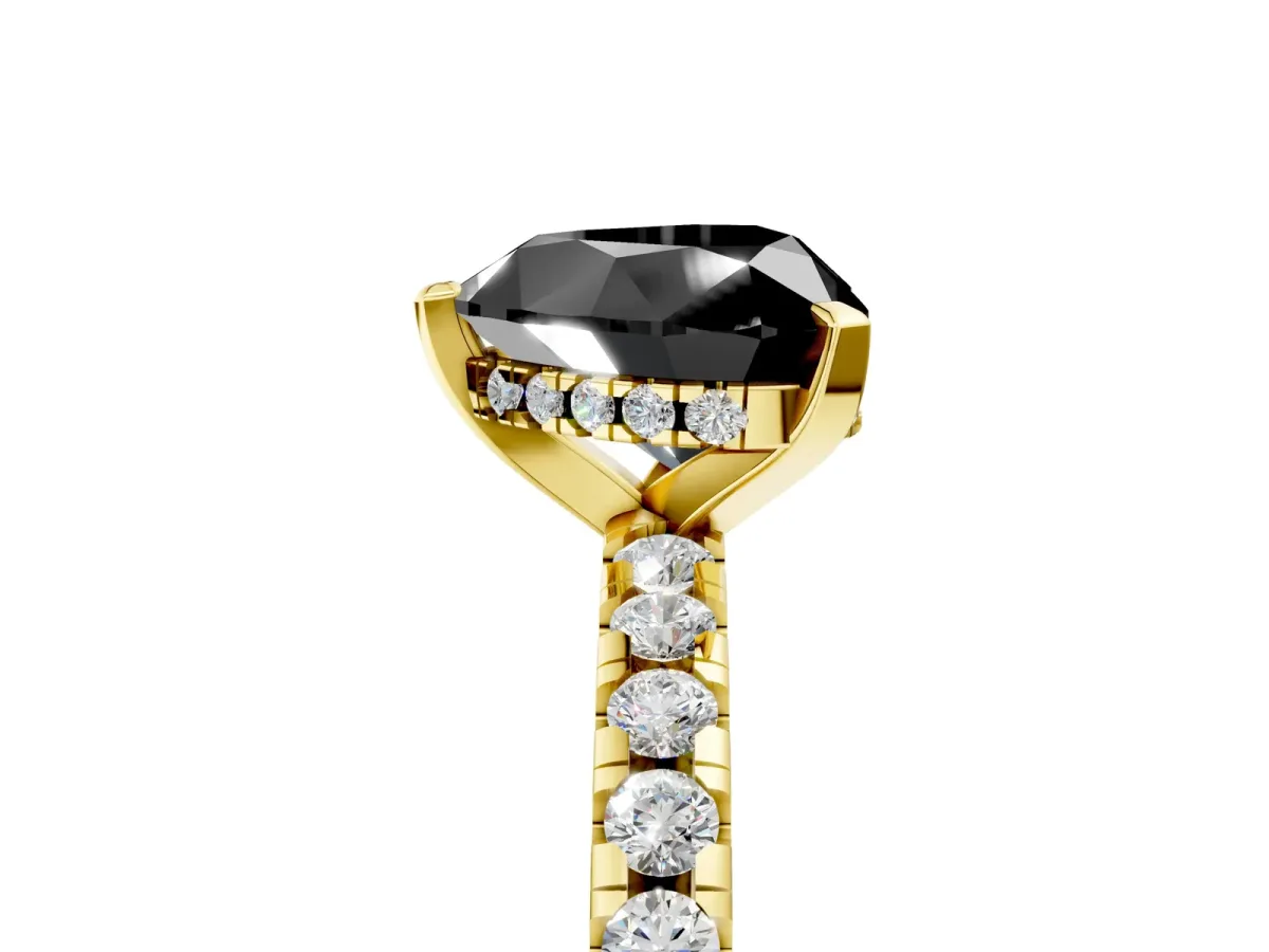 Fancy Black Heart Cut Diamond Solitaire Ring with Round Pavé Band and Four-Prong Setting Yellow gold