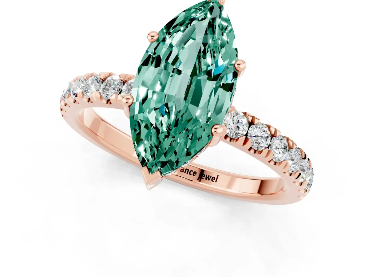 Marquise Cut Green Sapphire Pave Band Solitaire Ring with Round and Prong Setting Rose gold