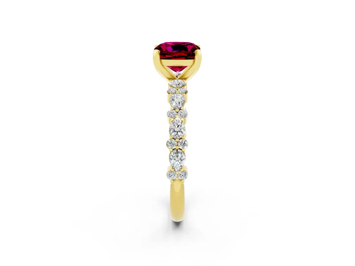 Cushion Cut Garnet Side Stone Solitaire Ring with Round and Four-Prong Setting Yellow gold