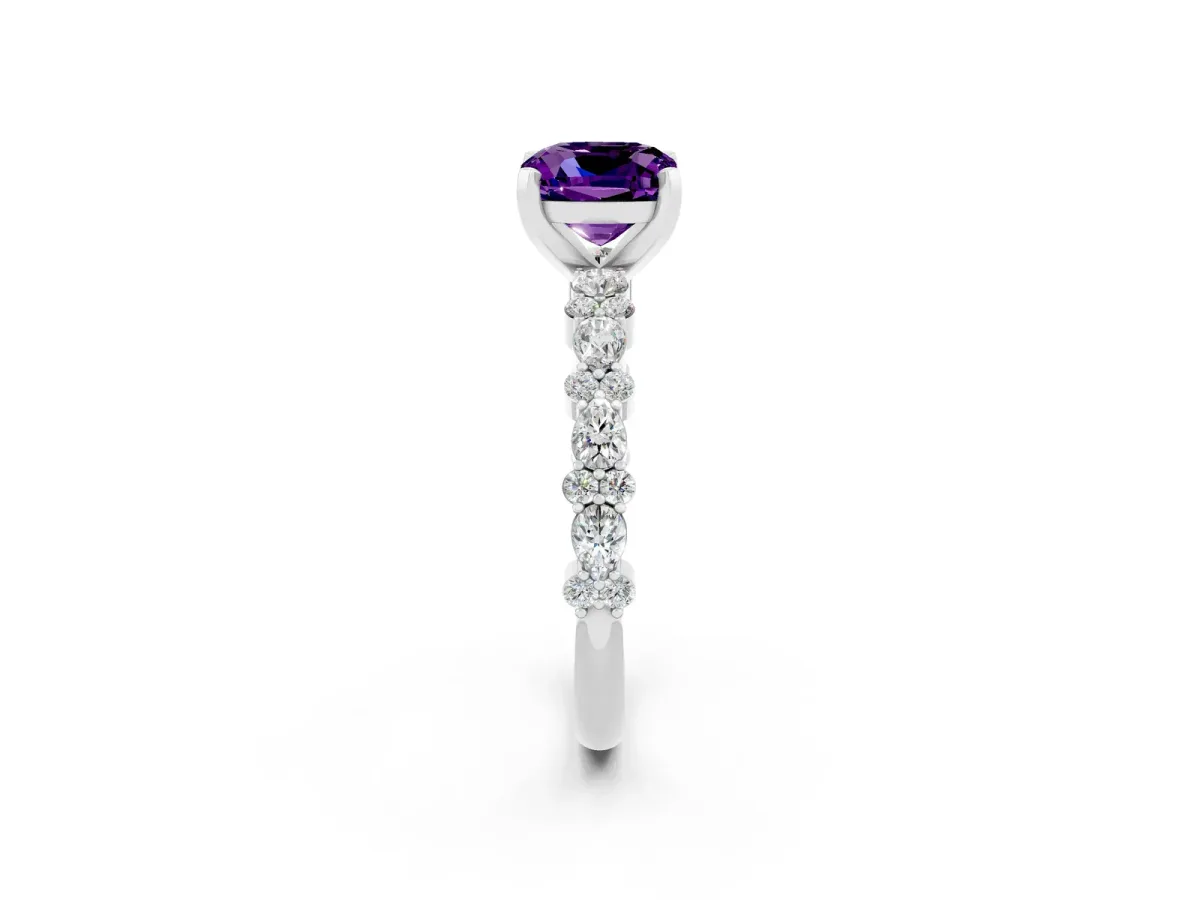 Cushion Cut Amethyst Side Stone Solitaire Ring with Round and Four-Prong Setting White gold