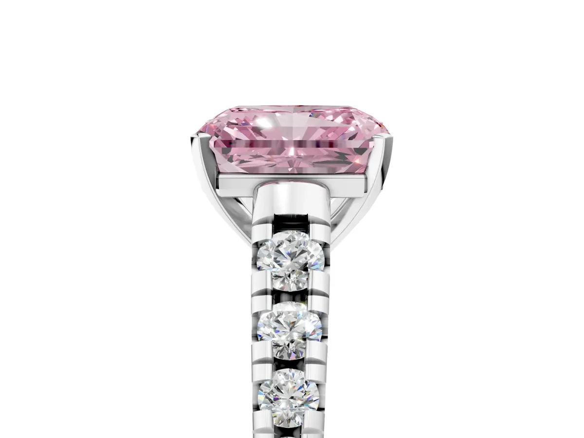 Fancy Pink Radiant Cut Diamond Cathedral Solitaire Ring with Round Pavé Band Silver